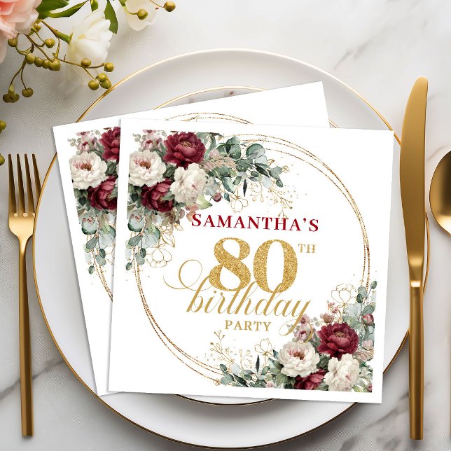 Papel Servilleta Sofisticada de Cumpleaños 80 Floral Bor (Sophisticated Burgundy Floral 80th Birthday Napkins)