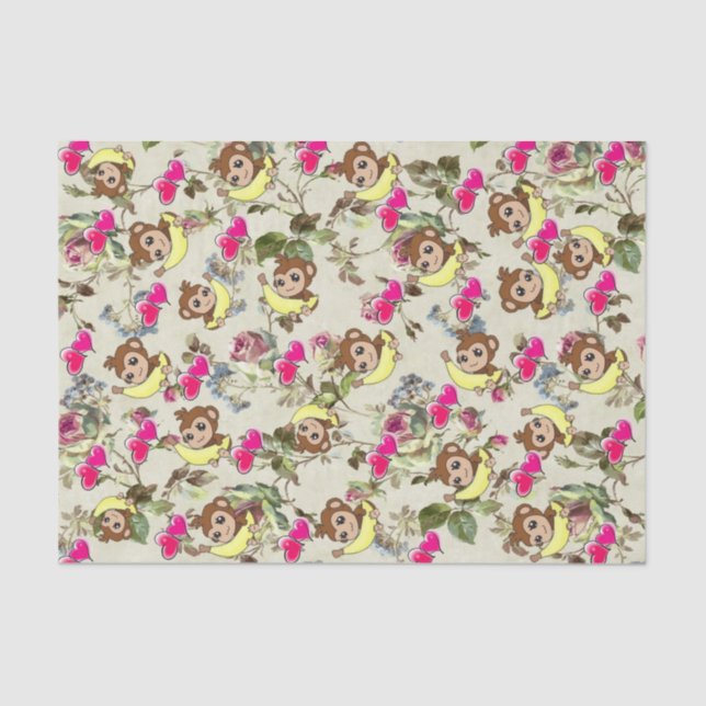 Papel Tejido Monos Bananas Corazón Rosa Floral (Anverso)