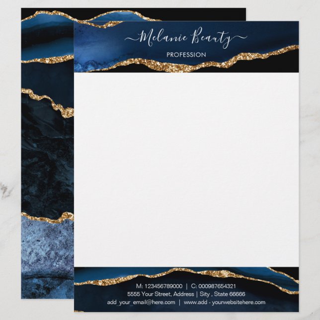 Papel Timbrado Letra Personalizada Agata Azul Mari (Anverso / Reverso)