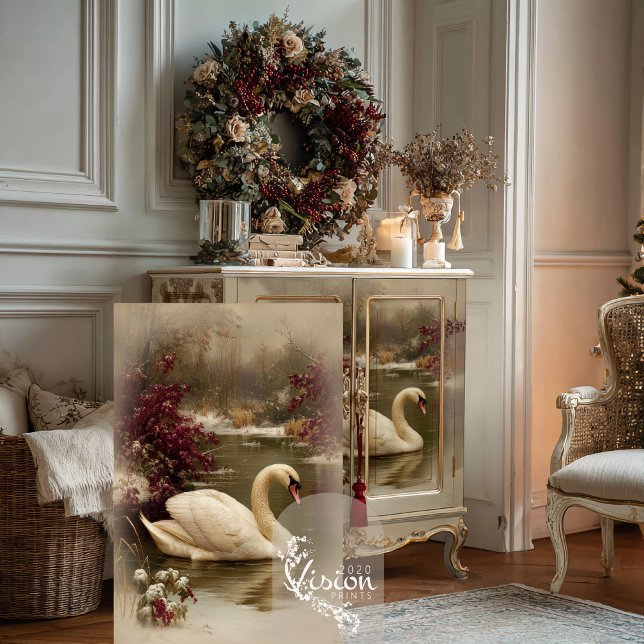 Papel tisú de Navidad Paisaje Invernal de Cisnes (Swan winter landscape print displayed against cream cabinet showing full design with burgundy flora)