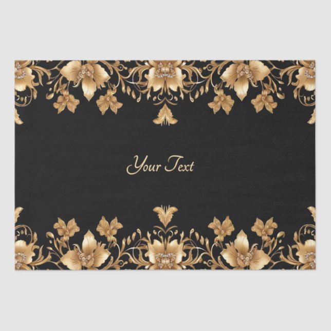 Papel tisú floral ornamentado negro dorado (Anverso)