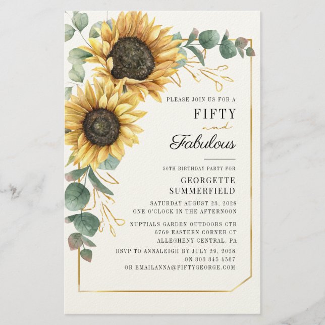 Papelería 50 invitaciones de cumpleaños de girasoles de euca (Anverso)