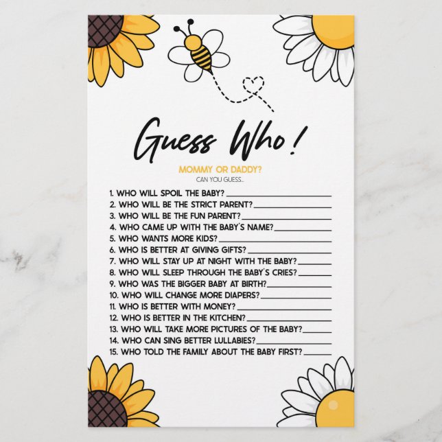 Papelería ¡Abeja Abeja Quién! Juego Baby Shower (Anverso)