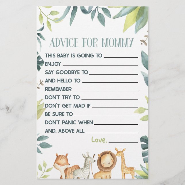 Papelería Actividad de juego de Safari Animal Advice Baby Sh (Anverso)