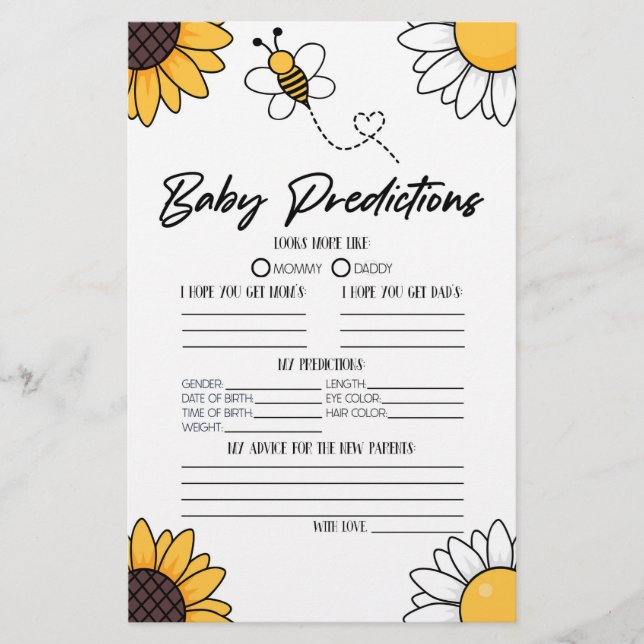 Papelería Actividad de predicciones de Baby Shower de Abeja  (Anverso)
