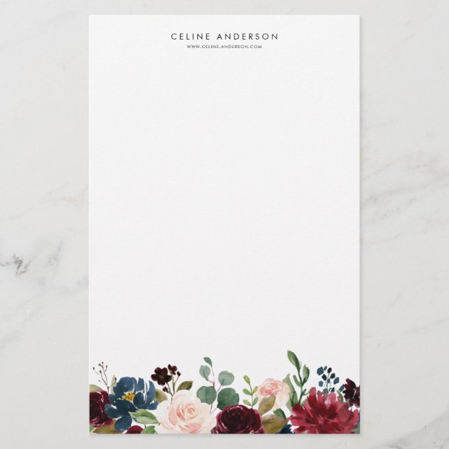 Papelería Acuarela Borgoña y Flores Azules de la Marina Garl (Anverso)