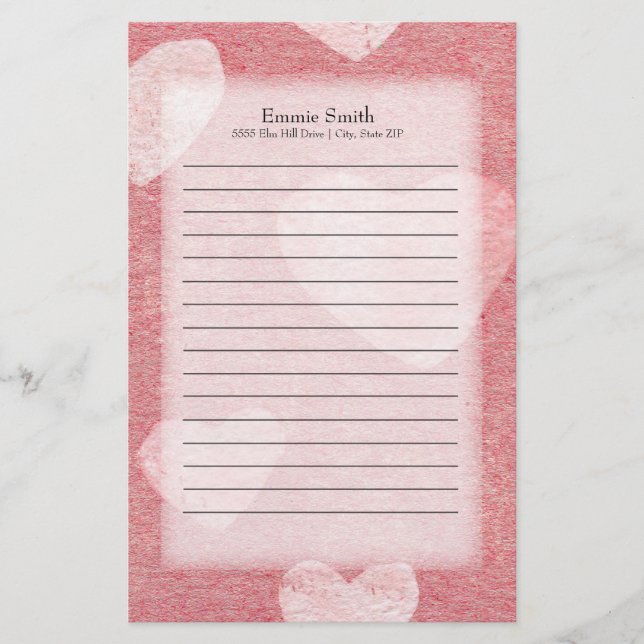 Papelería Acuarela personalizada de los corazones rosas (Anverso)