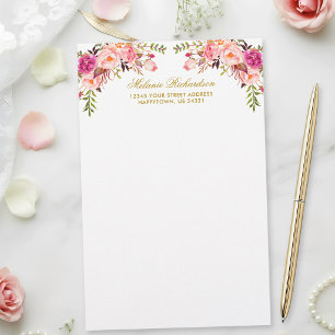 Papelería Acuarela Rosa Rubor Floral Oro Personalizado 
