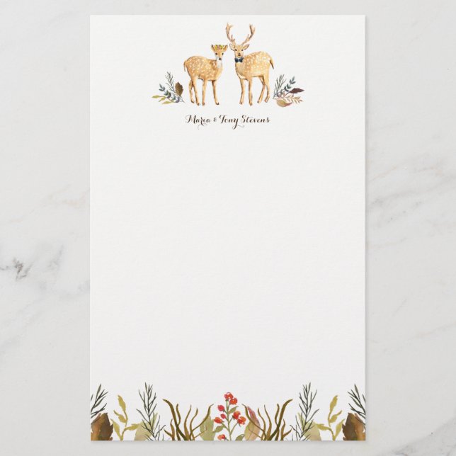 Papelería Acuarela Rusa Boho Woodland Deer Couple (Anverso)
