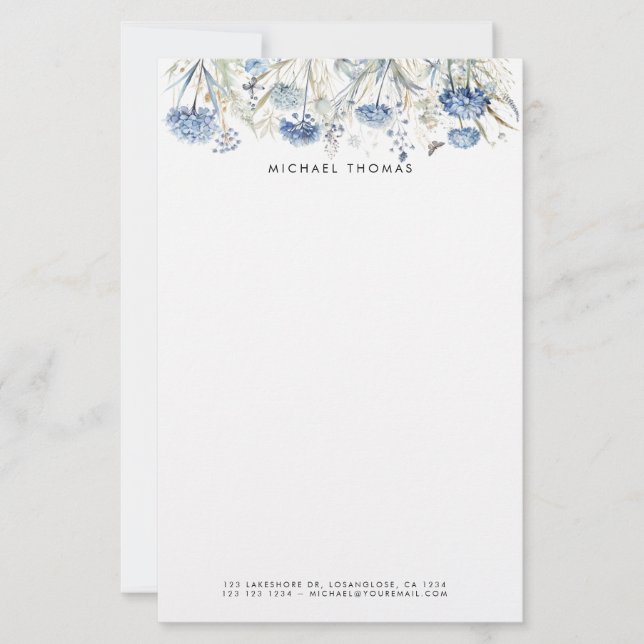 Papelería Acuarela Rusa Dusty Azul Hydrangeas Floral (Anverso)