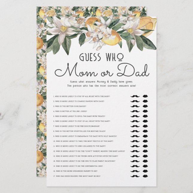 Papelería Adivinen Quién Mamá O Papá Lemon Citrus Baby Showe (Anverso / Reverso)