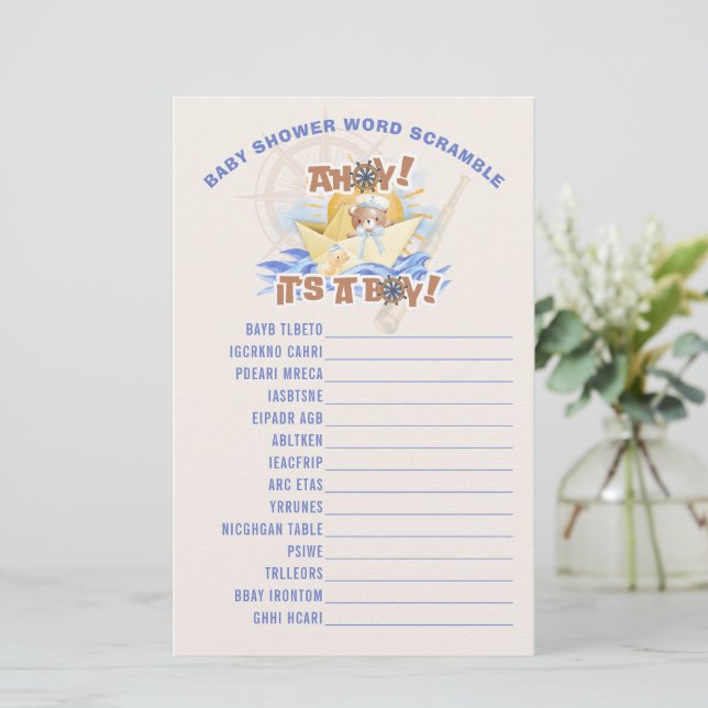 Papelería ¡Ahoy! Baby Boy Shower Word Scramble Game Card (Anverso de pie)