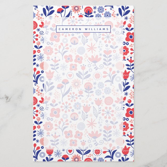 Papelería Añada su estampado de flores azul y coralino (Anverso)