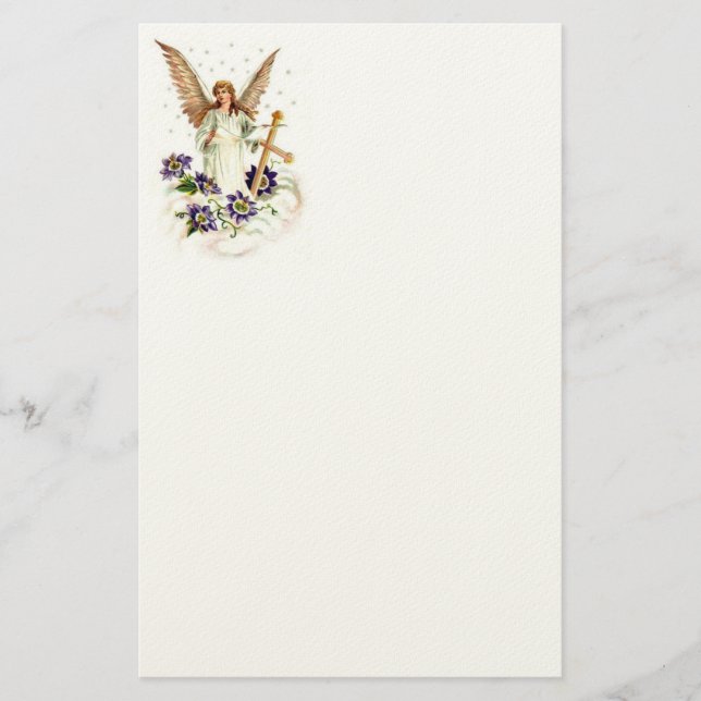 Papelería Ángel con cruz y flores de clemátide (Anverso)