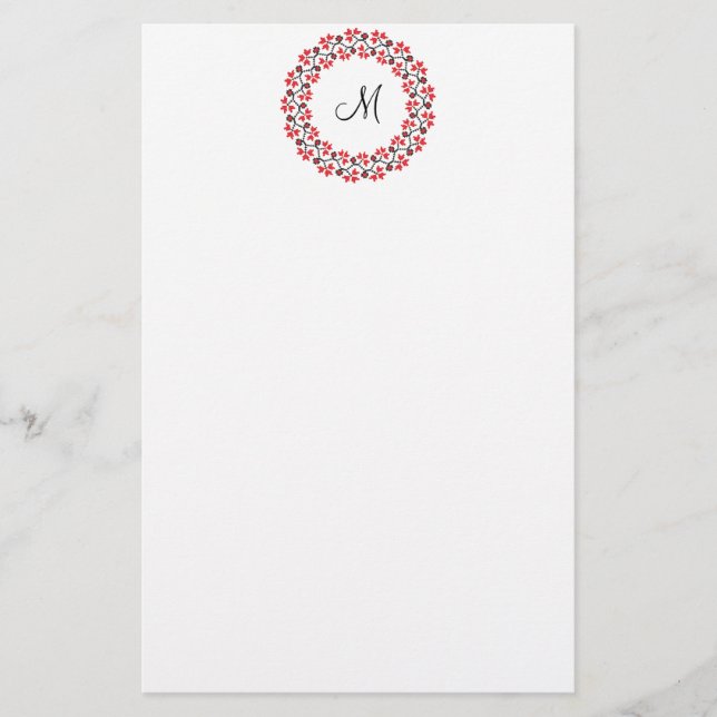 Papelería Anillo de flores rojas Monograma personalizado ini (Anverso)