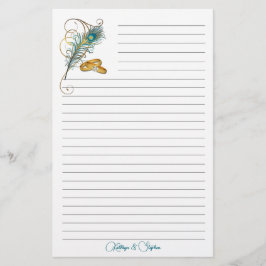 Papelería Anillos bodas y la pluma de pavo real Verde azulad