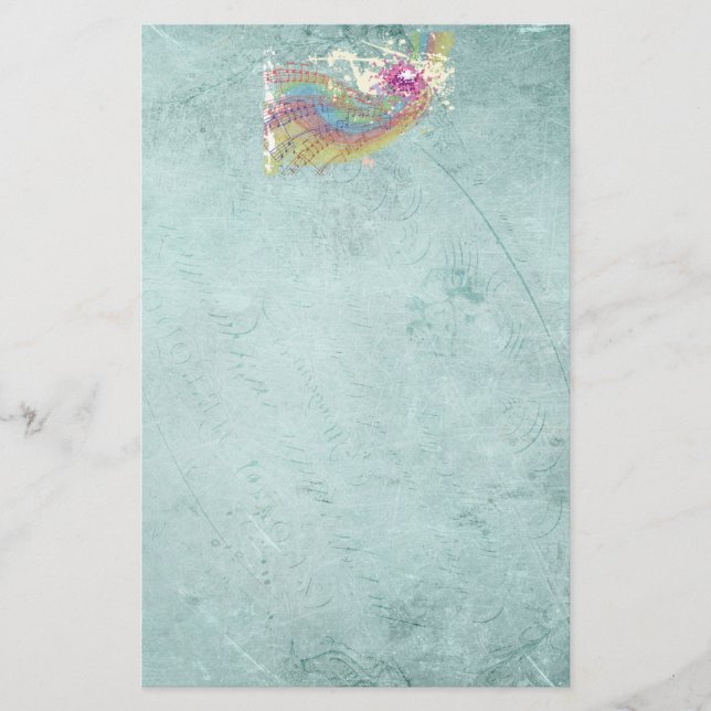 Papelería Arcoiris retro y notas musicales sobre una textura (Anverso)