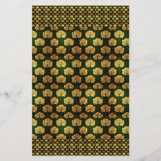 Papelería Art Nouveau, oro, verde, floral, patrón, cosecha (Anverso)