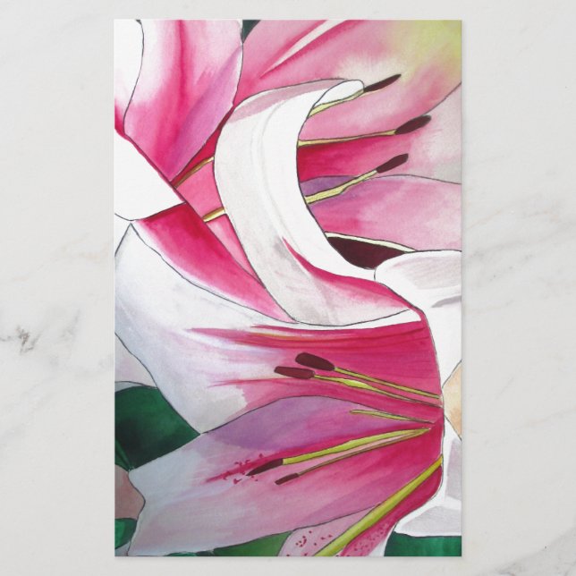 Papelería Arte acuático con flores de lirio blanco y rosa (Anverso)
