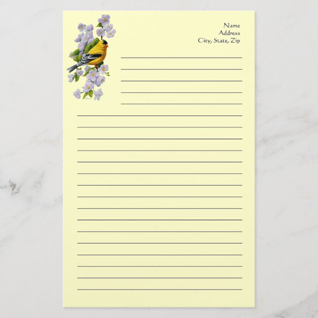 Papelería Ave Goldfinch y flores de Apple amarillo (Anverso)