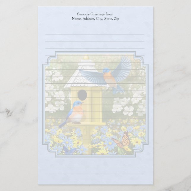 Papelería Aves azules y hogar hexagonal azul (Anverso)