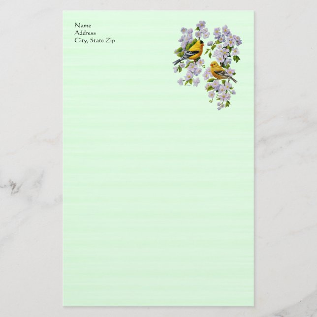 Papelería Aves de Goldfinch y flores de Apple verdes (Anverso)