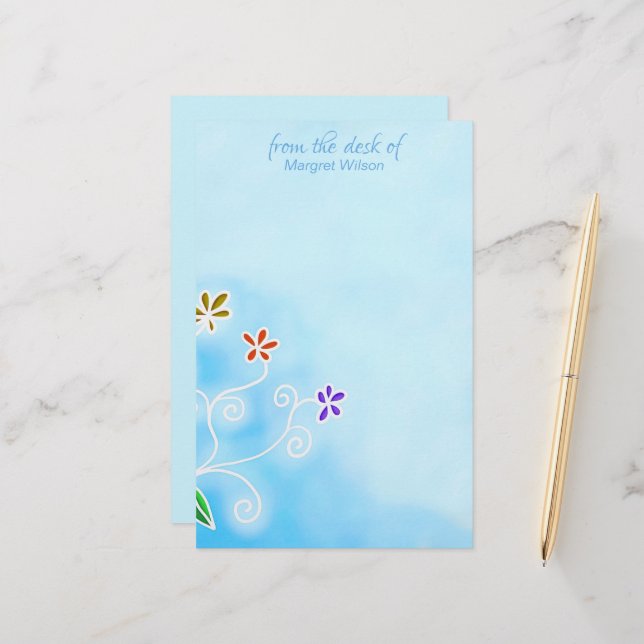 Papelería Azul acuarela con flores caprichosas personales (Anverso/Reverso In Situ)