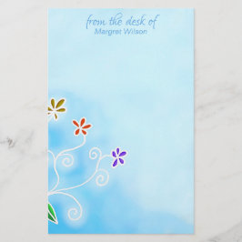 Papelería Azul acuarela con flores caprichosas personales