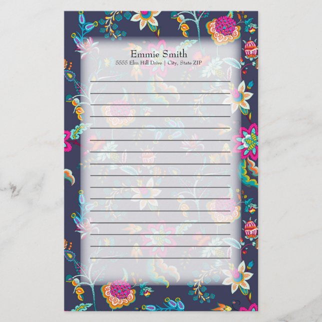 Papelería Azul marino personalizado con floral morado y dora (Anverso)