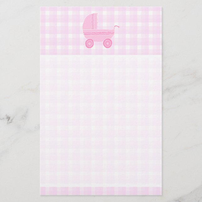 Papelería Baby Stroller. Light Pink en Pink Gingham. (Anverso)