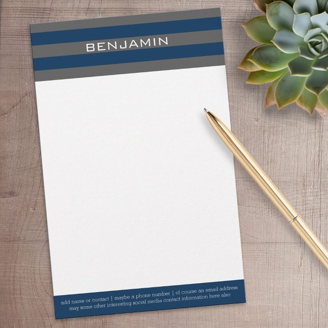 Papelería Bandas de rugby azul y gris de la marina con nombr (Personalized Stationery)