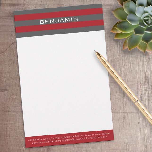 Papelería Bandas de rugby rojas y grises con nombre personal (Personalized Stationery)