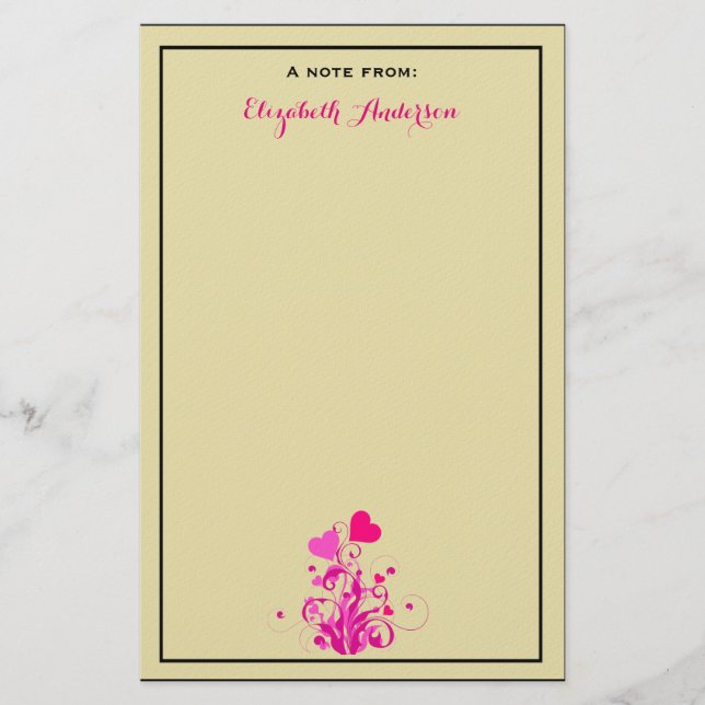Papelería beige antiguo con corazones decorativos rosados (Anverso)