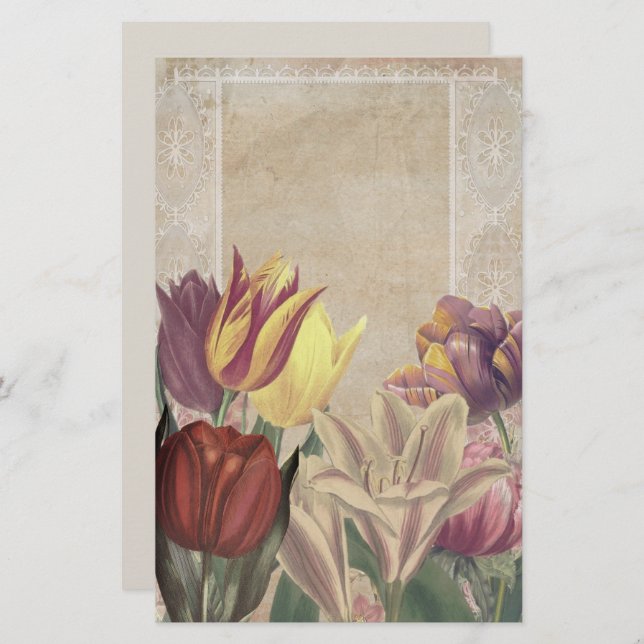 Papelería Bellos Tulipanes Rojo Amarillo Blanco Lace Beige (Anverso / Reverso)