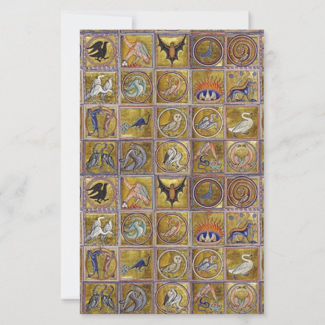 PAPELERÍA BESTIARIO MEDIEVAL, ANIMALES FANTÁSTICOS, AZUL ROJ (Anverso)