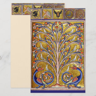 PAPELERÍA BESTIARIO MEDIEVAL, AVES EN ÁRBOL DE VIDA, DRAGONE