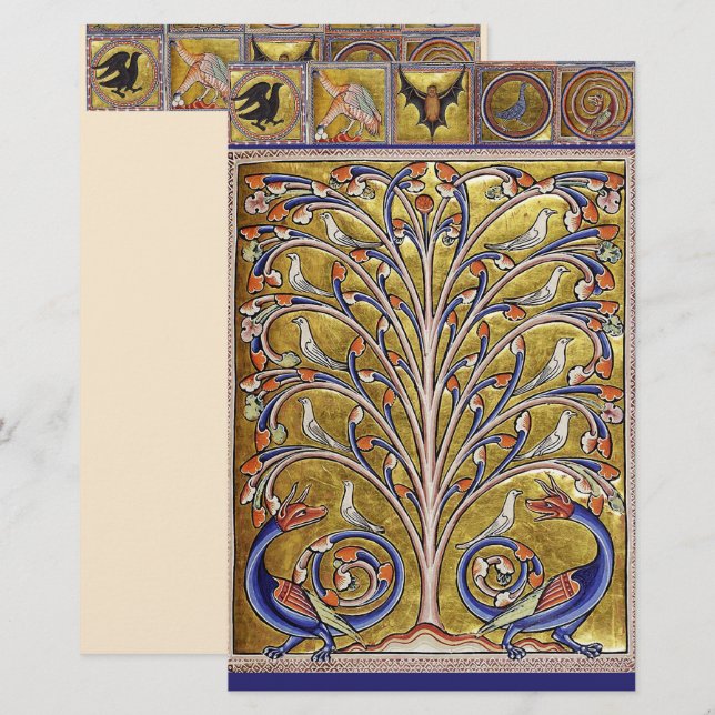 PAPELERÍA BESTIARIO MEDIEVAL, AVES EN ÁRBOL DE VIDA, DRAGONE (Anverso / Reverso)