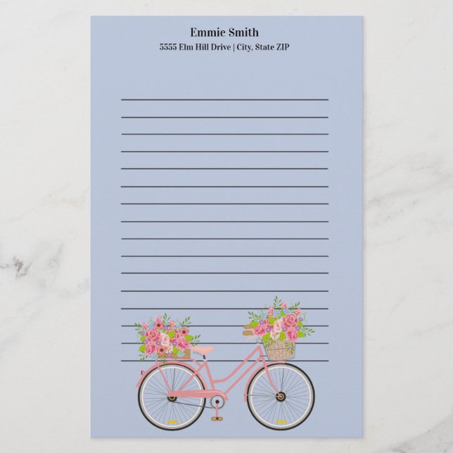 Papelería Bicicleta rosa personalizada con flores azules (Anverso)