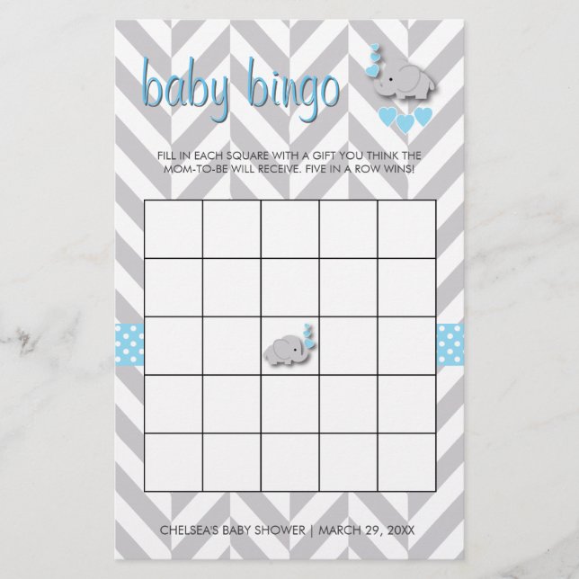 Papelería Bingo Baby Shower de elefante gris y azul dulce (Anverso)