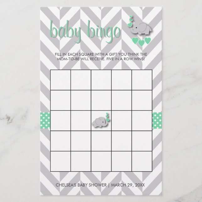 Papelería Bingo Baby Shower de elefante gris y verde de ment (Anverso)