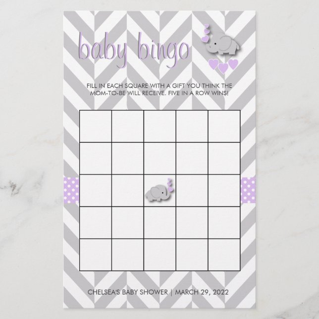 Papelería Bingo Baby Shower de Elefante Púrpura y Gris (Anverso)