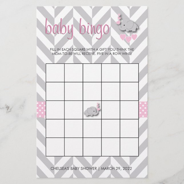 Papelería Bingo Baby Shower de Elefante Rosa y Gris (Anverso)