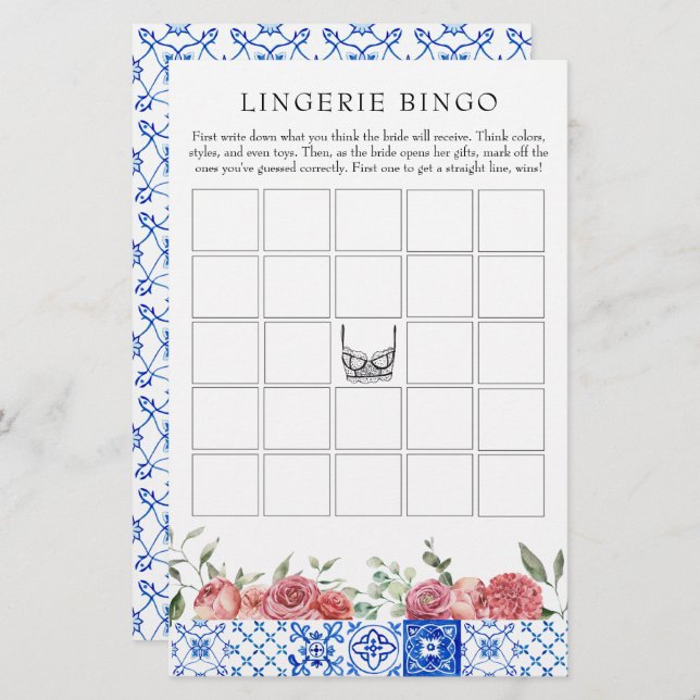 Papelería Bingo de juego rosa floral mediterráneo (Anverso / Reverso)