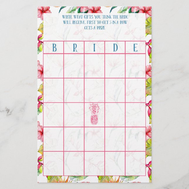Papelería Bingo de novia ducha tropical de novia (Anverso)