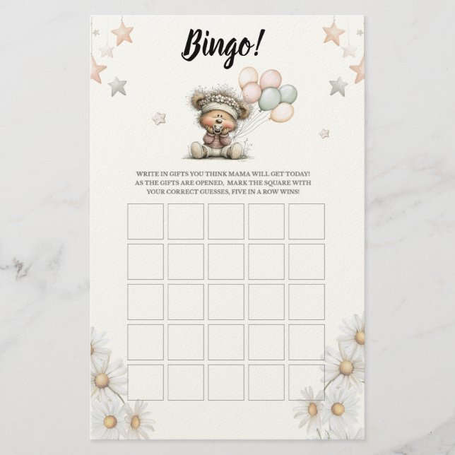 Papelería Bingo Whimsical Teddy Bear Baby Shower Game (Anverso)