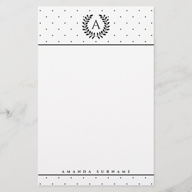 Papelería Black And White Laurel Monogram Polka Dot Pattern (Anverso)