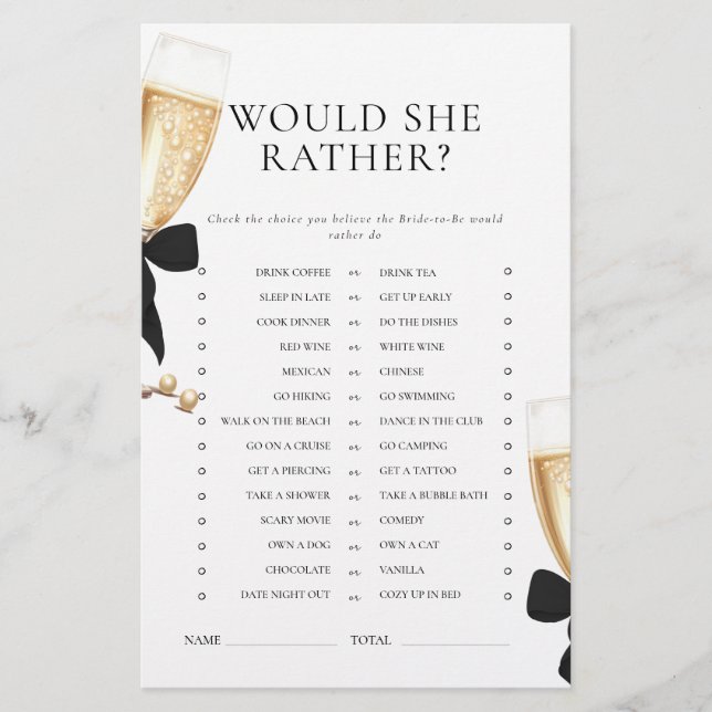 Papelería Black Bow Pearls y Prosecco Bridal Shower Game (Anverso)