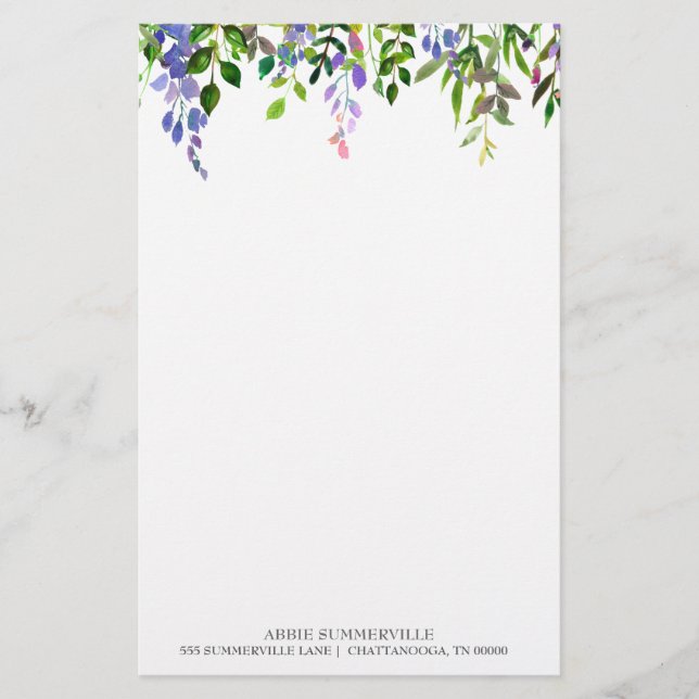 Papelería Blanco personalizado con morado floral (Anverso)