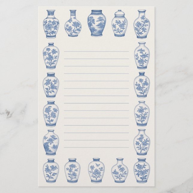 Papelería Blue Chinoiserie Vase Stationery – Elegant Lined  (Anverso)