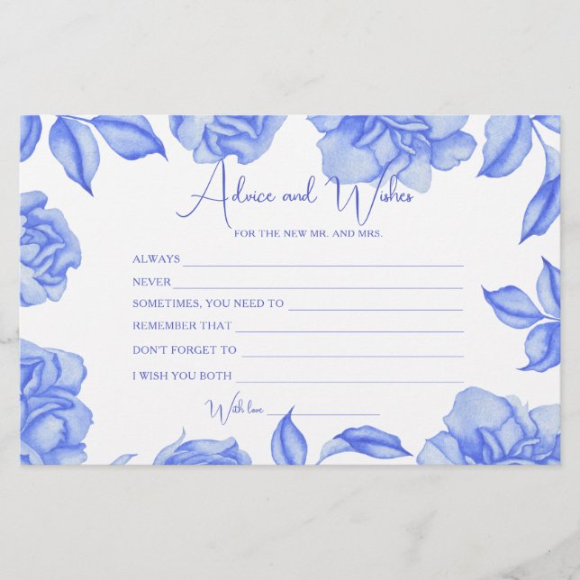 Papelería blue Floral Bridal Shower Advice and Wishes (Anverso)